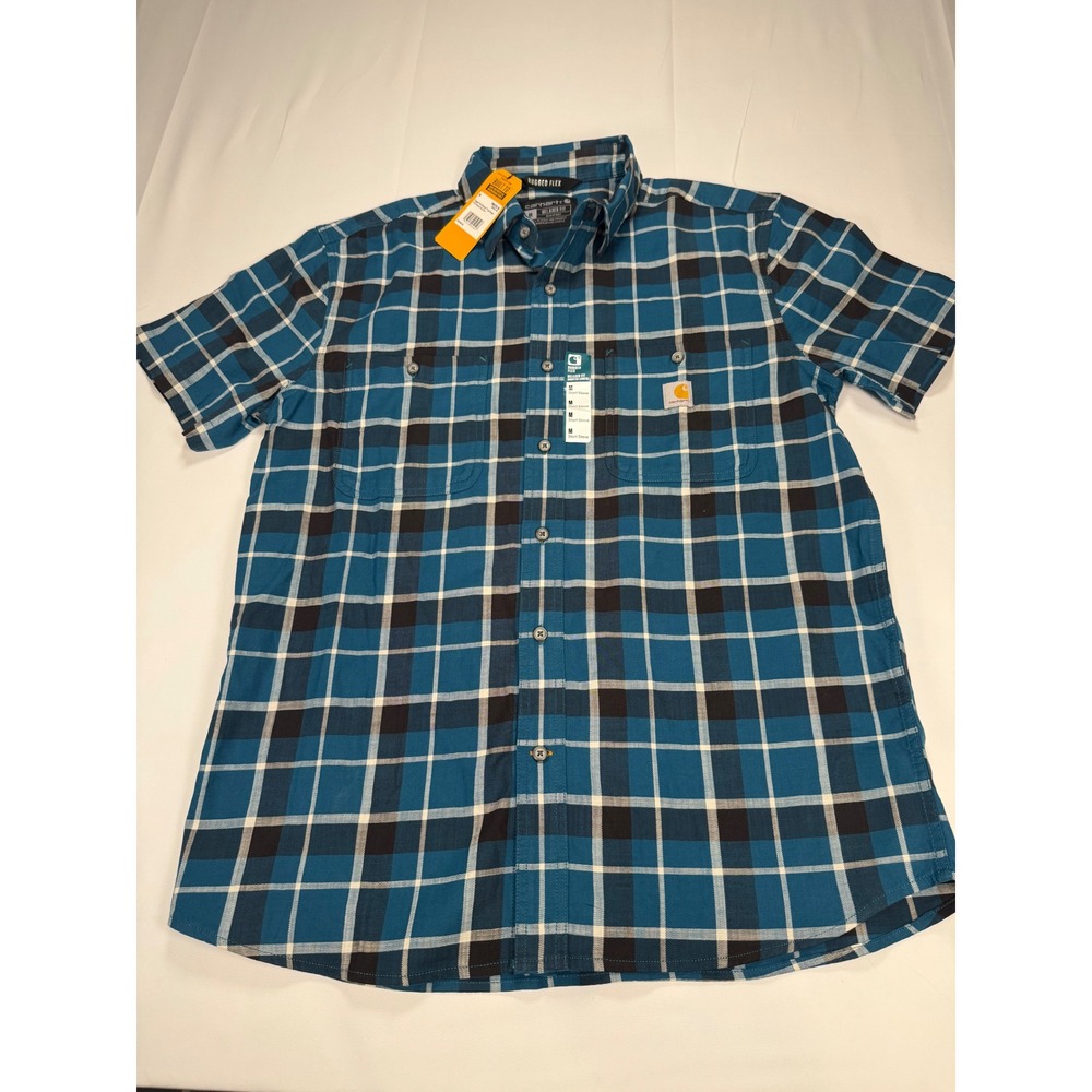 Carhartt Mens Rugged Flex Relaxed Fit Plaid Short Sleeve Shirt Teal TW5701-M‎ M